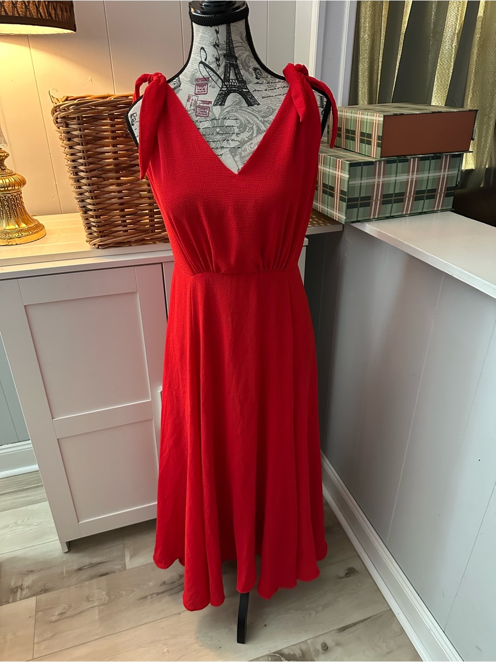 Betsey Johnson Red Tie-Shoulder V-Neck Midi Dress